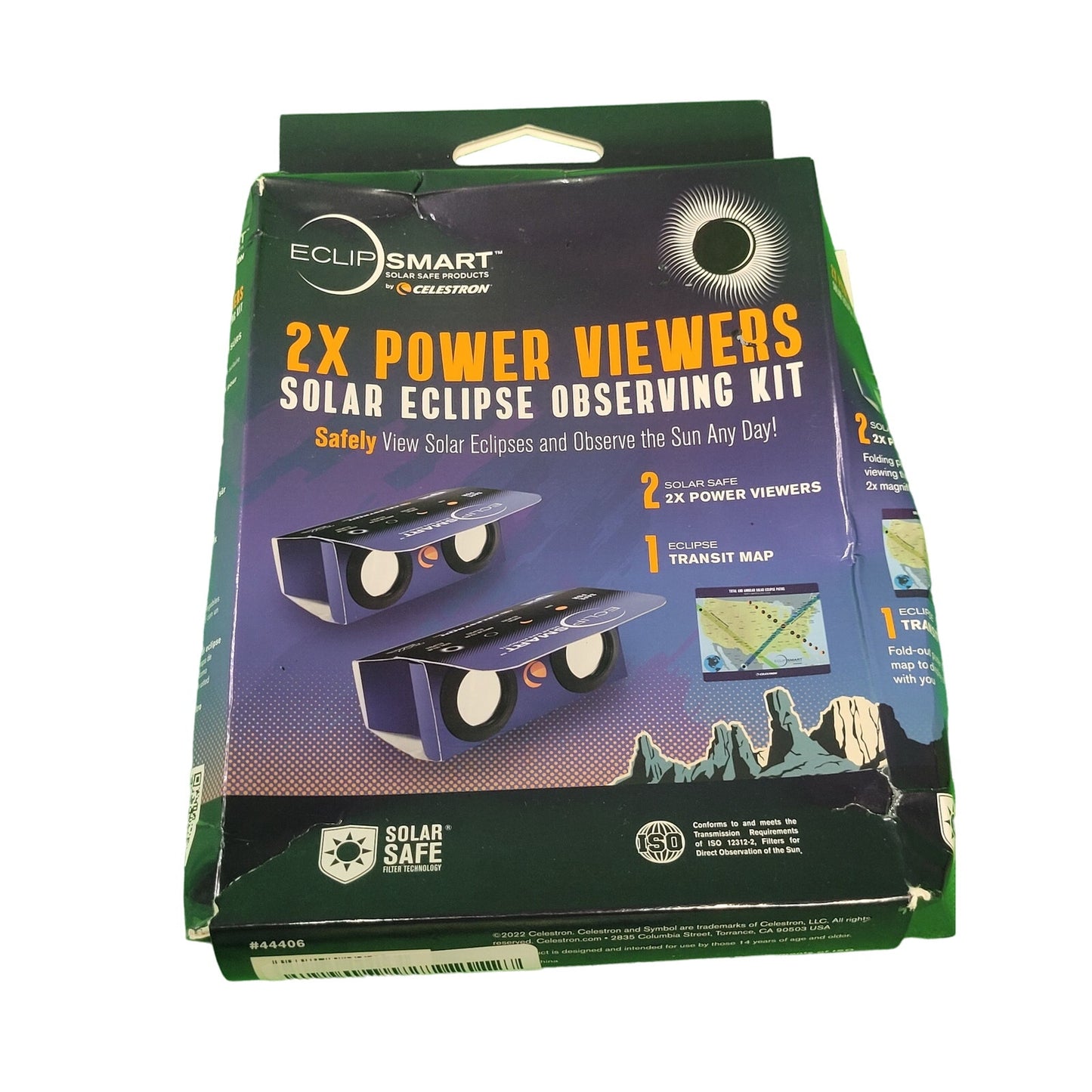 Celestron – 2-Pack EclipSmart Safe Solar Power Viewers – 2X Magnification – Meets ISO 12312-2:2015(E) Standards – Solar Safe Filter Technology – Observe Eclipses & Sunspots – Includes Eclipse Map, NIB