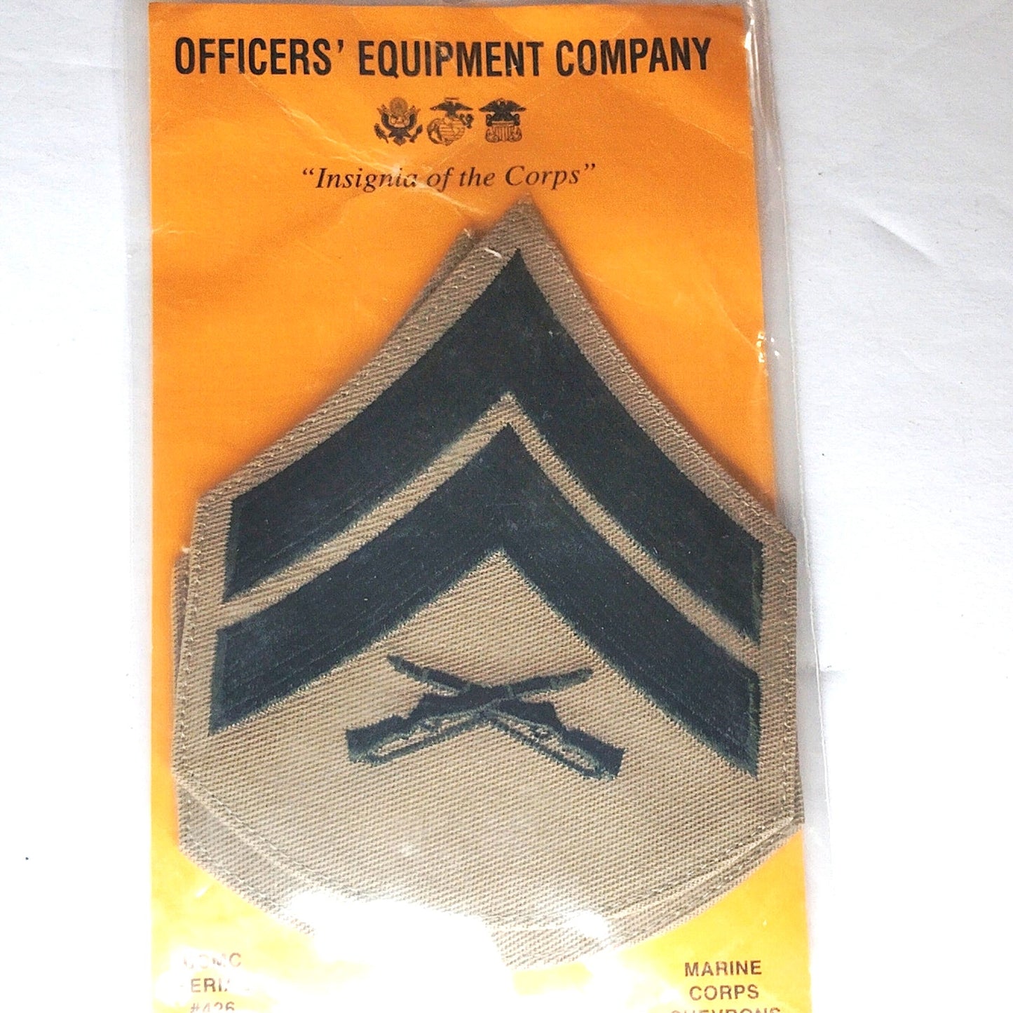 USMC Corporal E‑4 Chevrons Green on Tan Pair 4‑5/8" × 5‑1/8" Novelty Chevrons