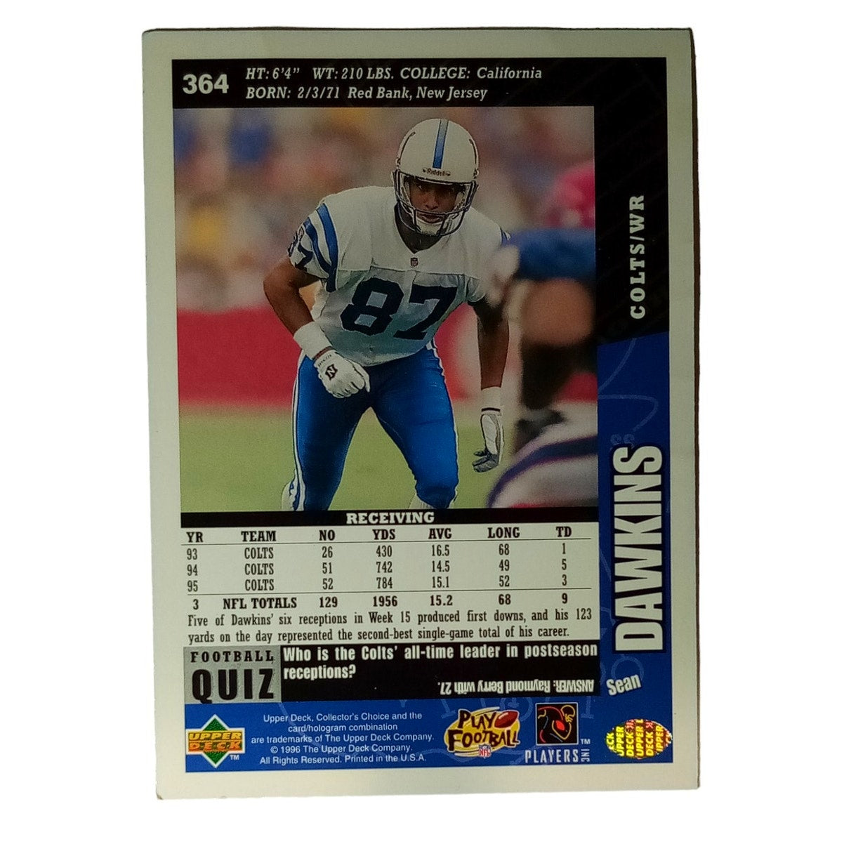 1996 Upper Deck Collector's Choice, Sean Dawkins #364, Indianapolis Colts, NM