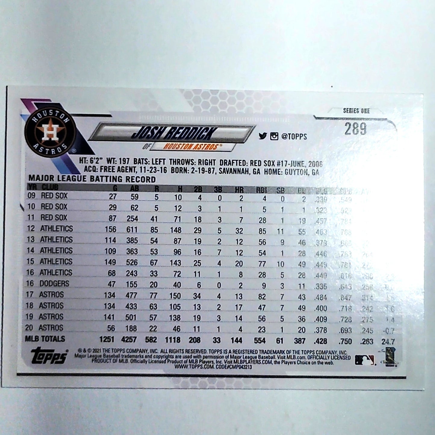 2021 Topps Josh Reddick 289 Houston Astros Outfield Batting Stance VG/EX