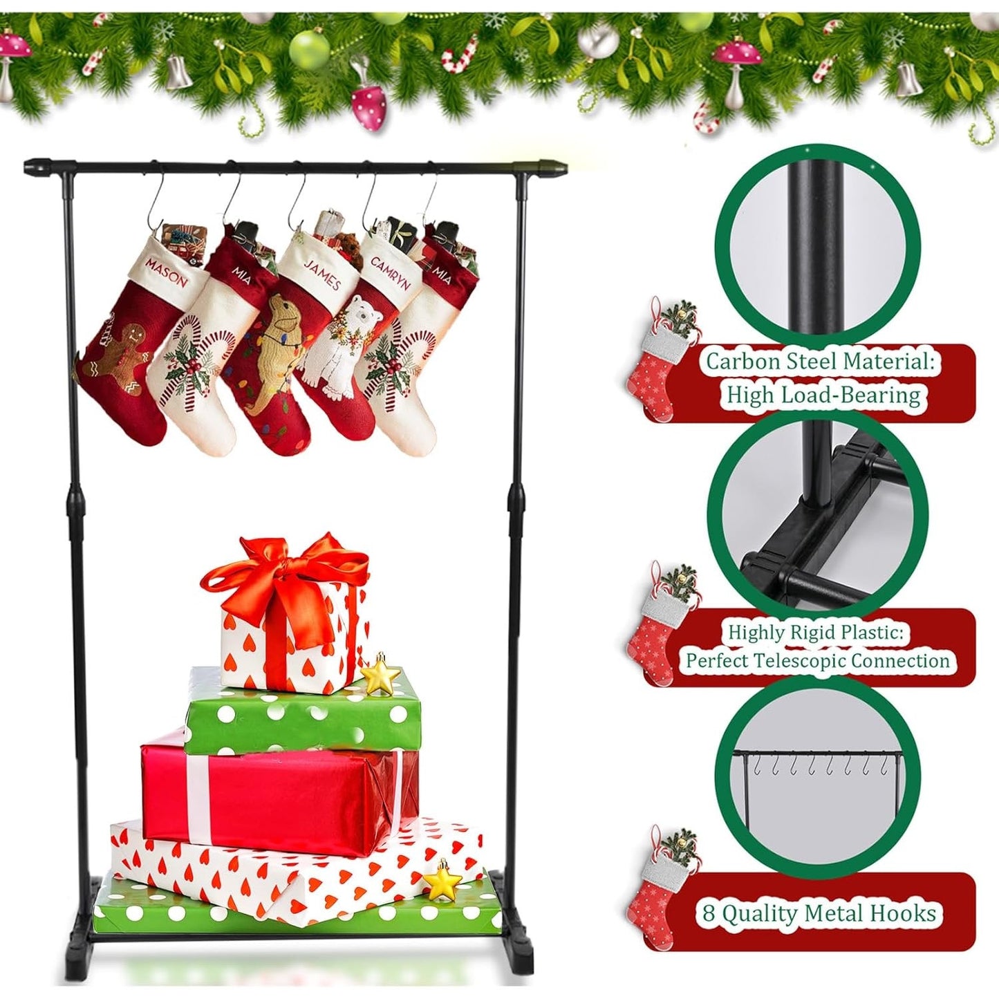 Retractable Freestanding Christmas Stocking Holder Stand – 35" to 59" Adjustable Display – 8 Hooks