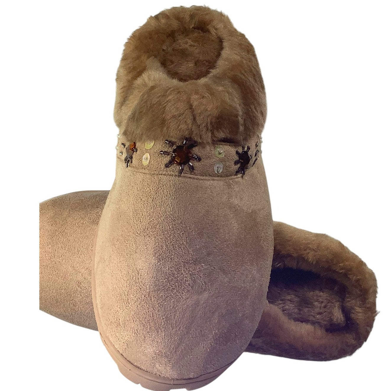 Women's Sequin Trim Faux Fur Clog Slippers, Beige, Size L (9-10)