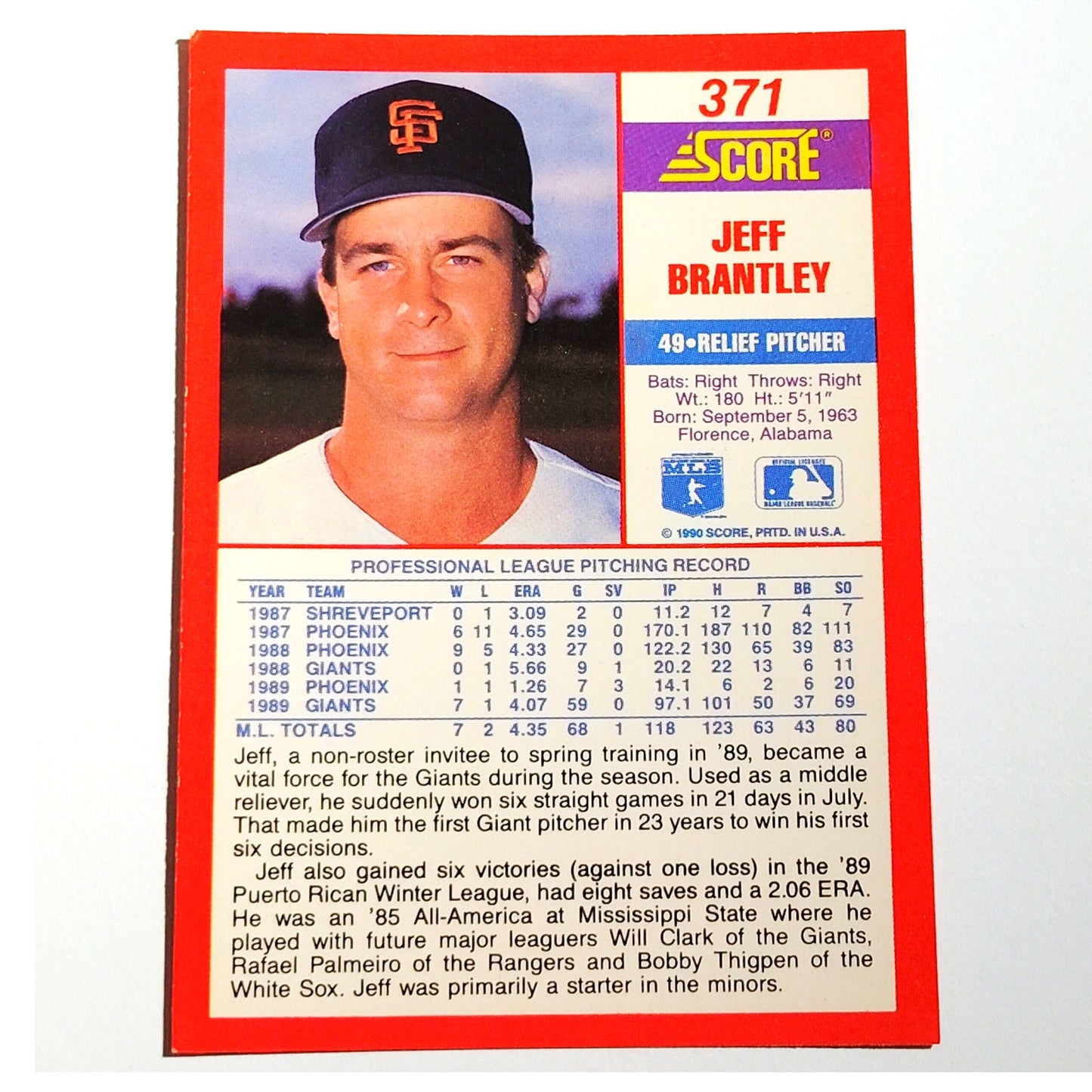 1990 Score Jeff Brantley #371 San Francisco Giants Relief Pitcher MLB EX