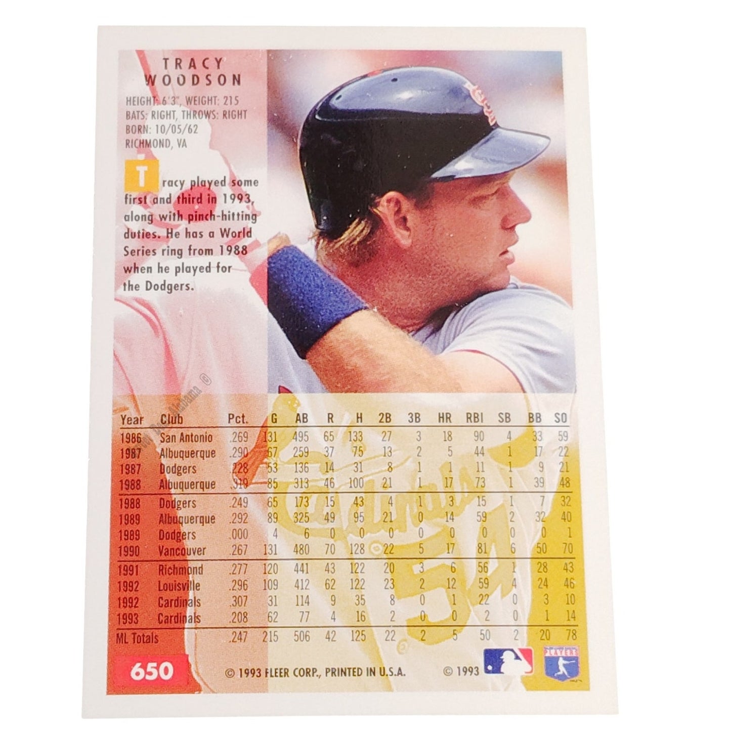 Tracy Woodson, St. Louis Cardinals, #650, 1994 Fleer Baseball Collector's Card
