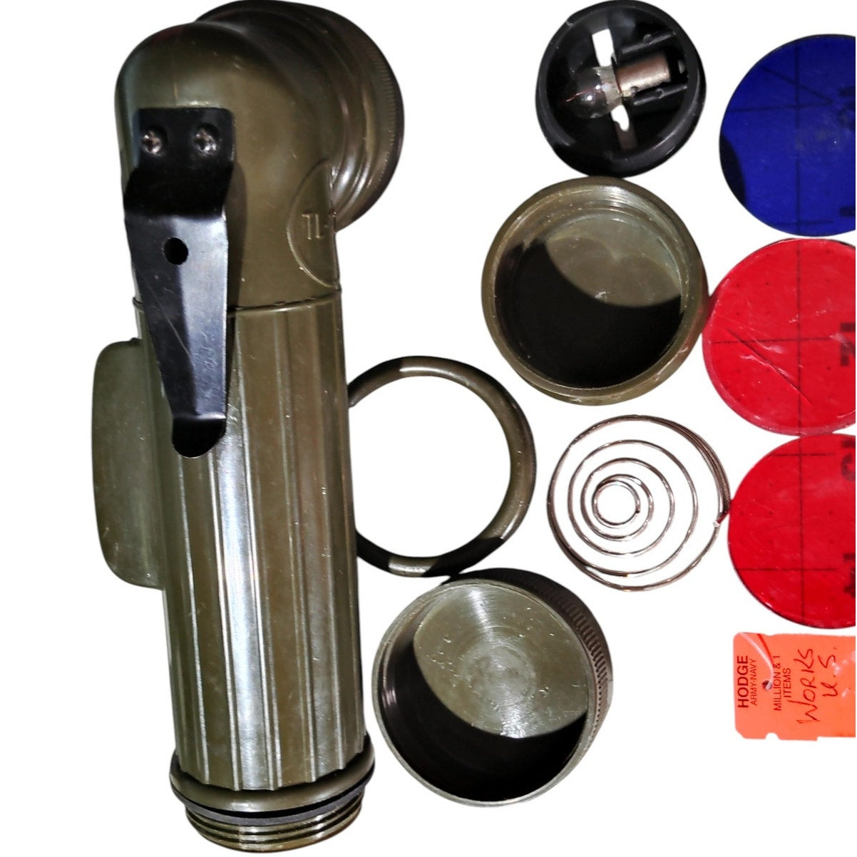 TL-122 Military Surplus Flashlight – ODG | 2 Red & Blue Lens Filters Extra Bulb