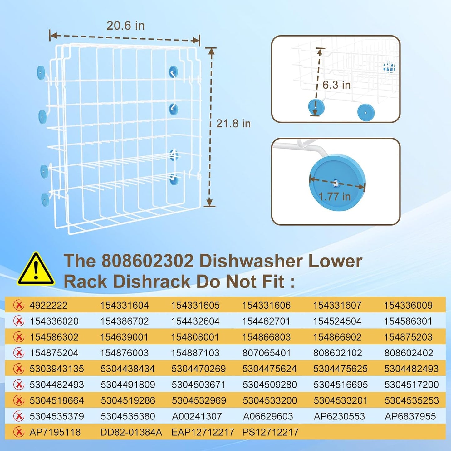 Dishwasher Lower Rack Fits Frigidaire/Kenmore, w/ Blue Wheels, Upgraded Coating