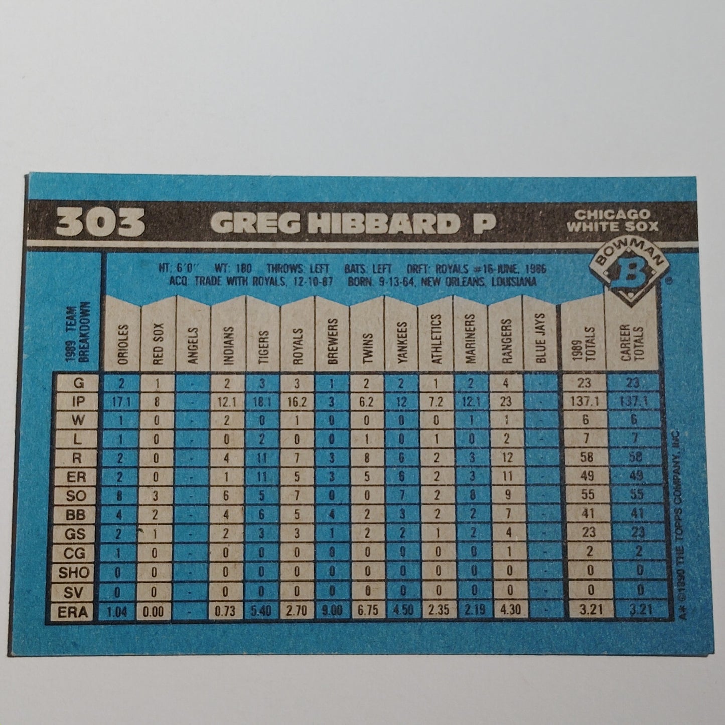 1990 Bowman Greg Hibbard #303 Chicago White Sox Pitcher MLB Baseball Card NM
