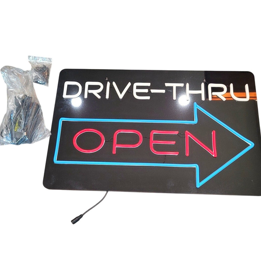 Drive Thru Open Neon Sign – 23.2×15", LED, Wall Decor, 12V Adapter Included