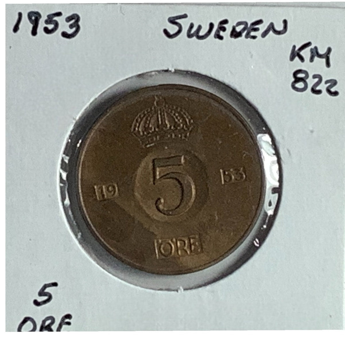 Sweden 5 öre, 1953, Crowned Double Monogram of King Gustaf VI Adolf Tails: Crown