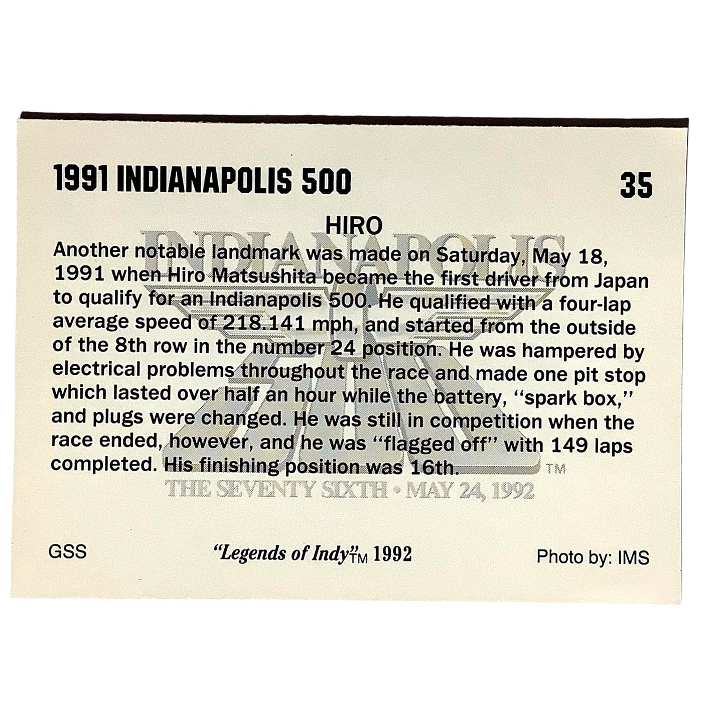 HIRO- Japan's First in Indy 500, 1991 Action, 1992 Legends of Indy, Card No.35