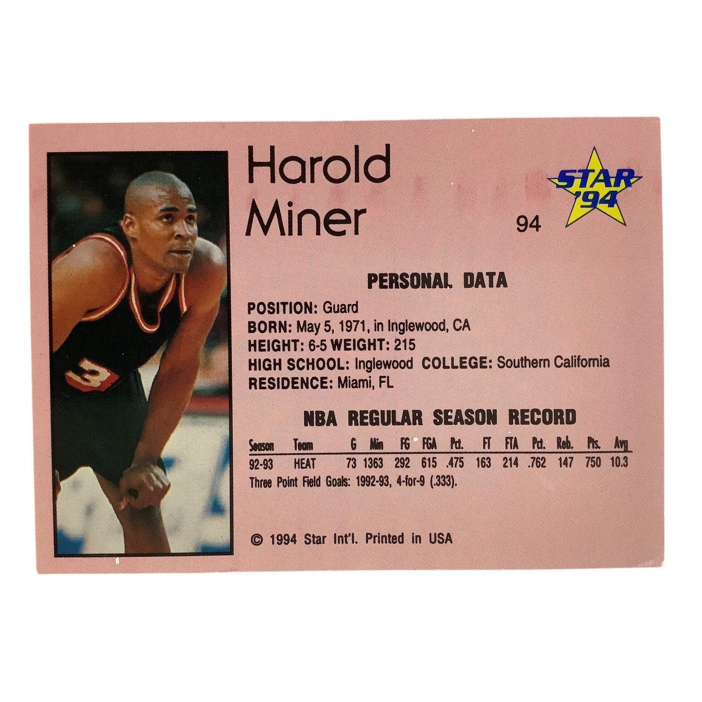 Harold Miner, Miami, 1994 Star Int'l NBA Personal Reg Season Record Card 94, EXC
