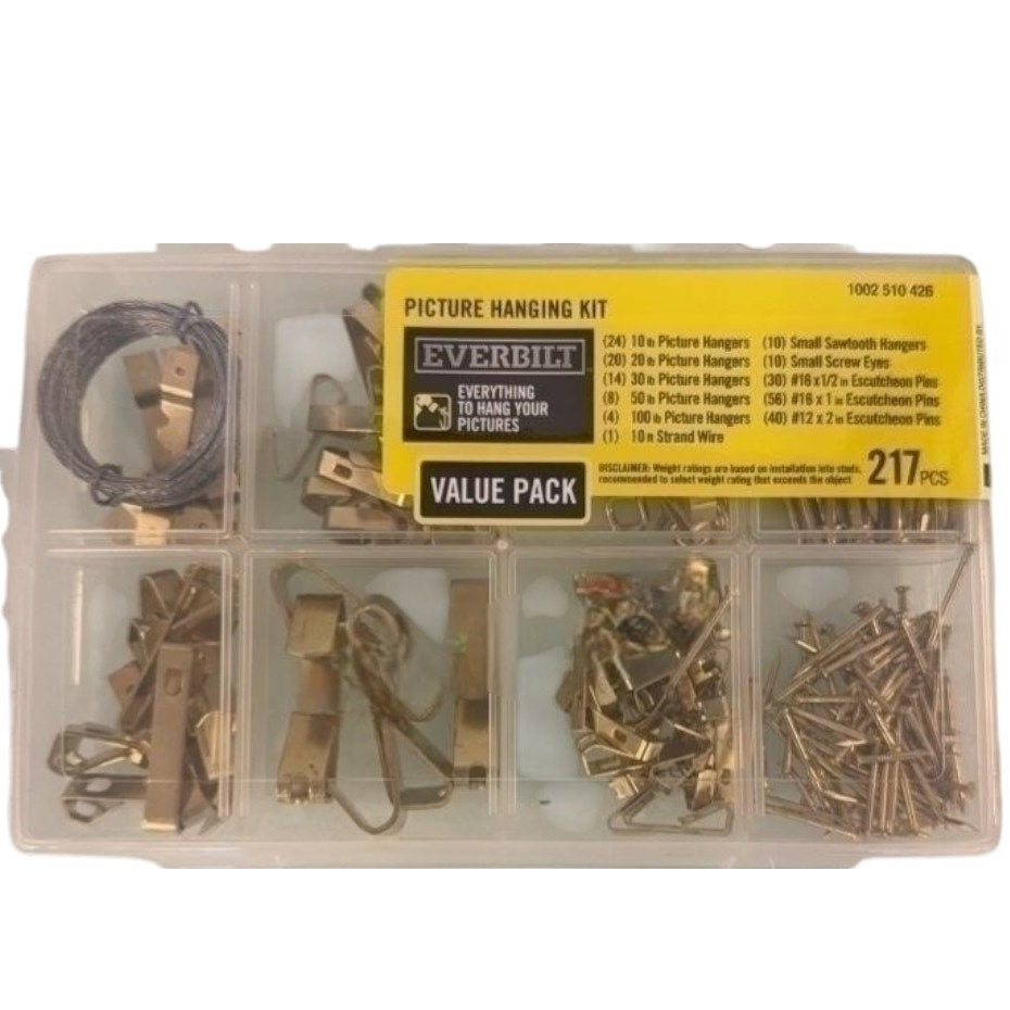 Picture Hanging Kit (217-Piece) – Brass Finish, Assorted Weights, Reusable Case