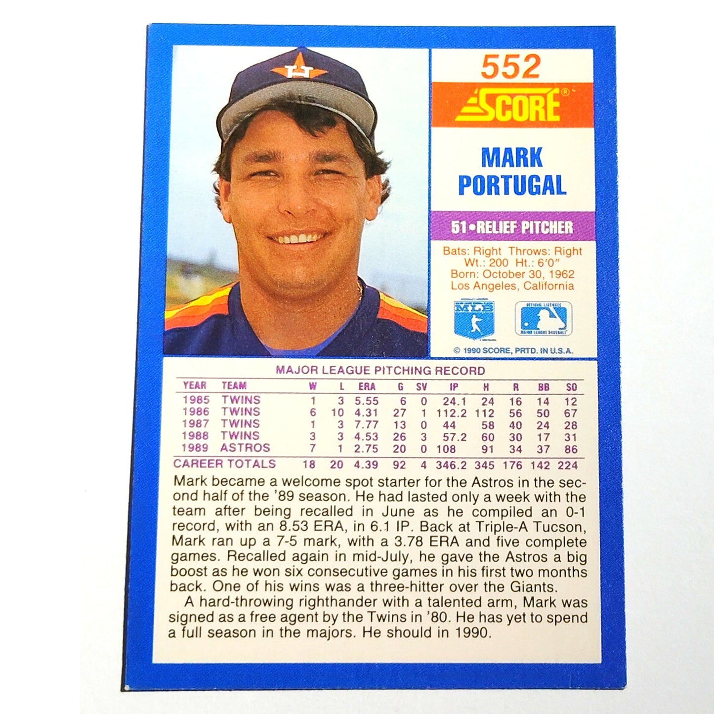 1990 Score Mark Portugal #552 Houston Astros Pitcher MLB Baseball EX