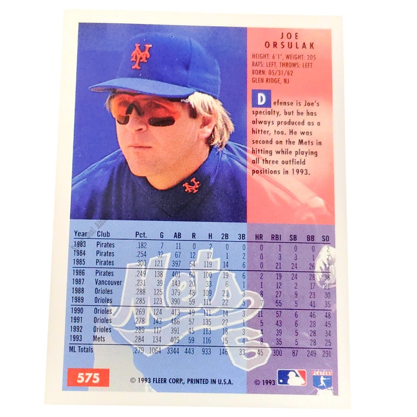 Joe Orsulak, New York Mets, #575, 1994 Fleer Baseball Collector's Card