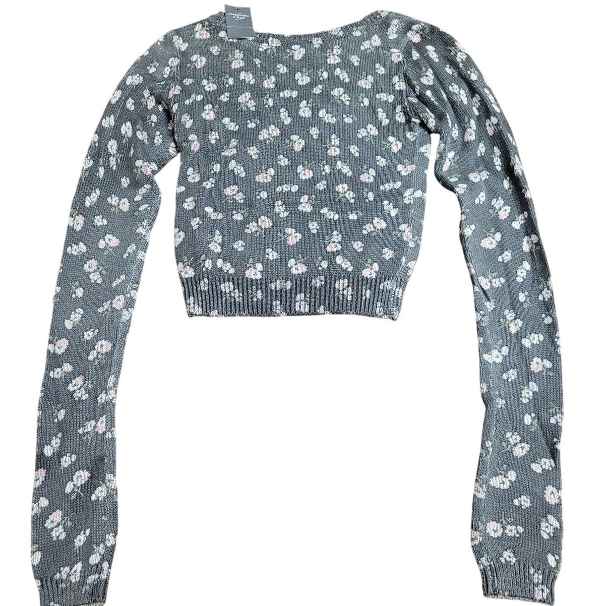 Gray Abercrombie & Fitch Cropped L/S Sweater With Floral Pattern, Size Small