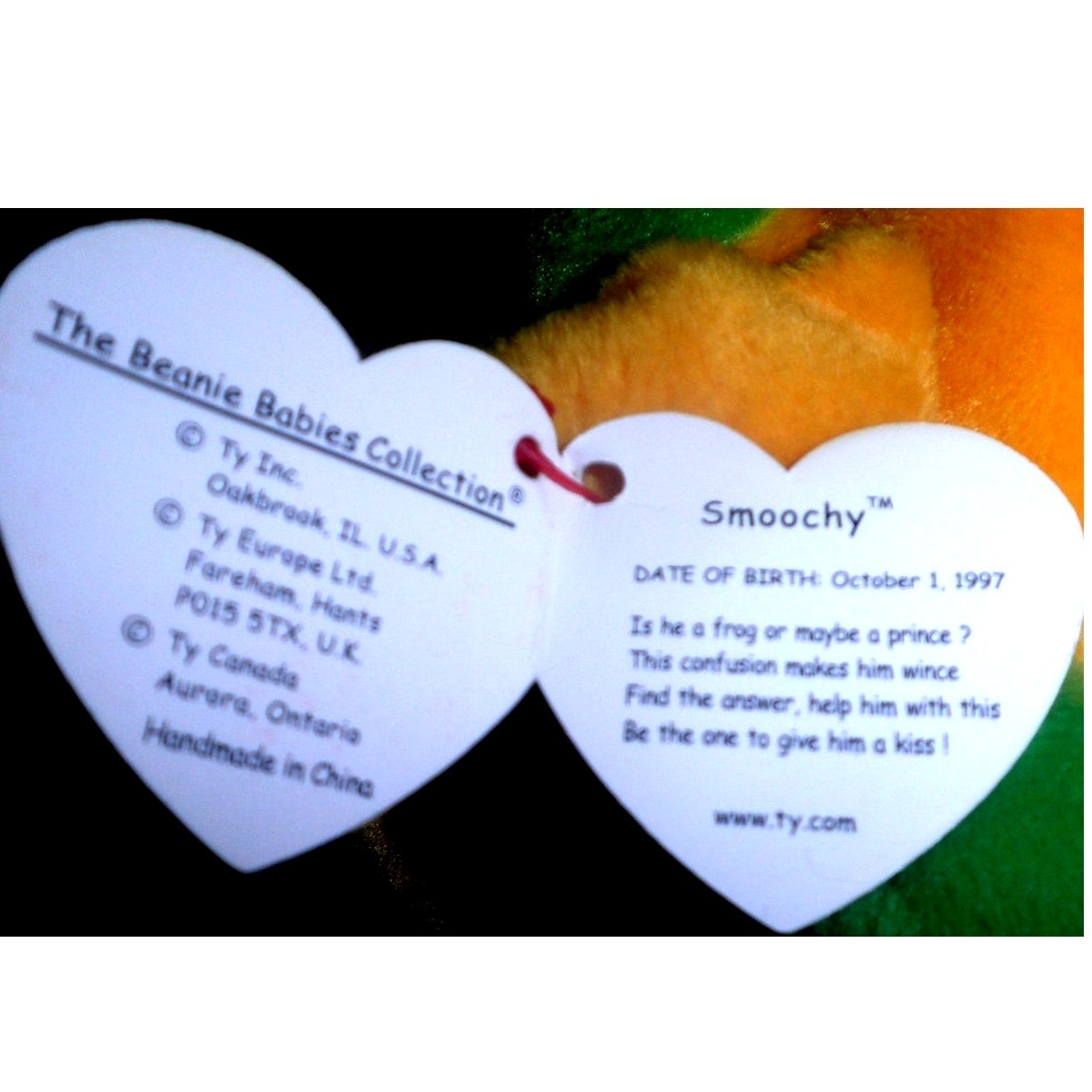 Ty Beanie Baby - Smoochy the Frog, Born 10/1/97, Intro 12/31/97 Retired 03/31/99