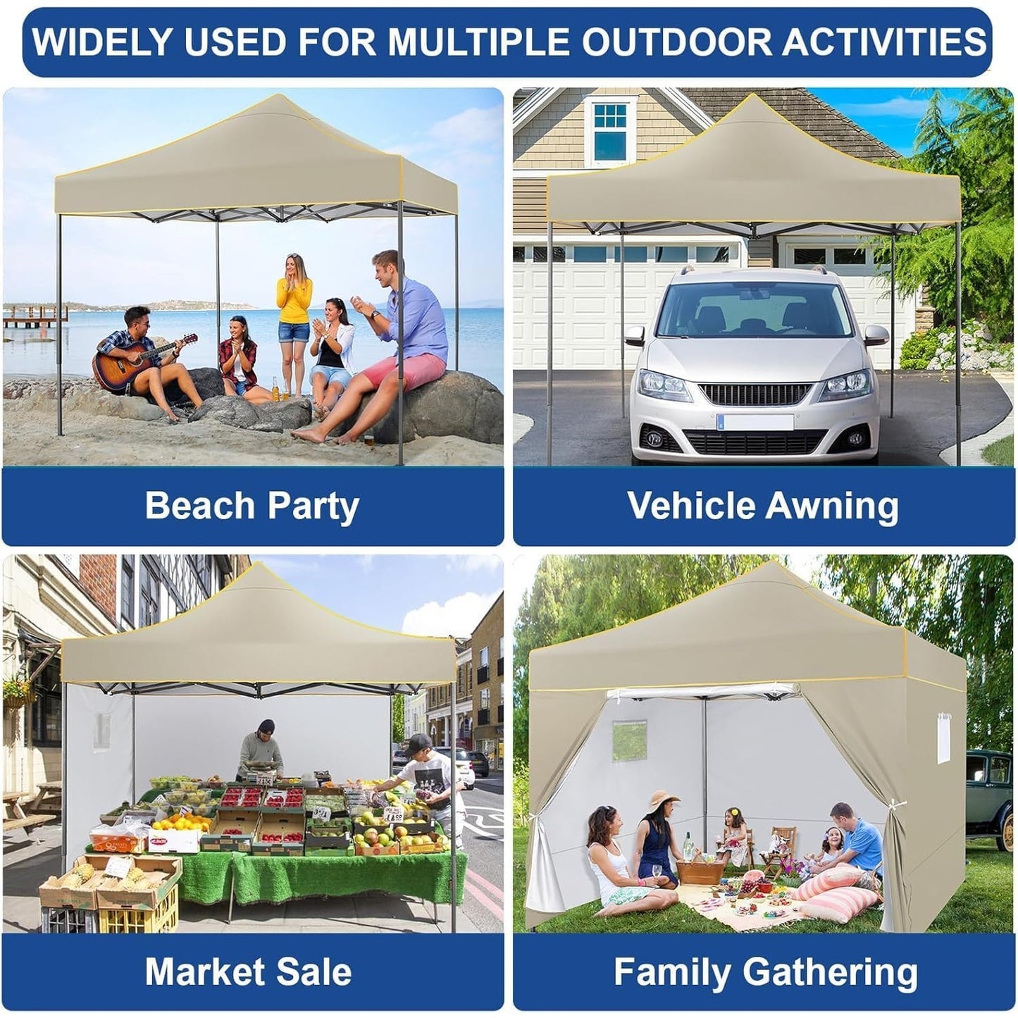COBIZI 10x10 Heavy Duty Pop-Up Canopy Tent – Khaki, 4 Removable Sidewalls, Waterproof, Portable Bag