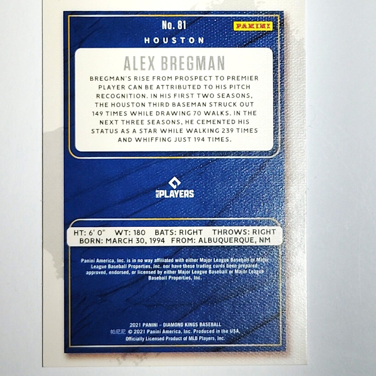 2021 Panini Diamond Kings Alex Bregman, 3B, VG/EX, Card #81, Houston Astros