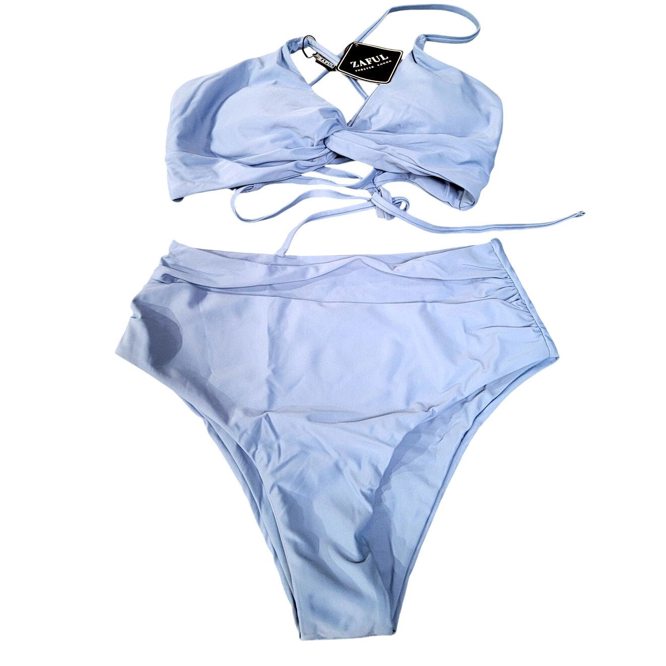 ZAFUL Twist High Waisted, Cross Lace Up Tummy Control 2 Piece, Haze Blue S (4)