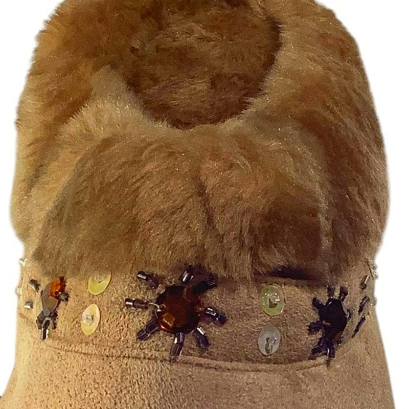 Women's Sequin Trim Faux Fur Clog Slippers, Beige, Size L (9-10)