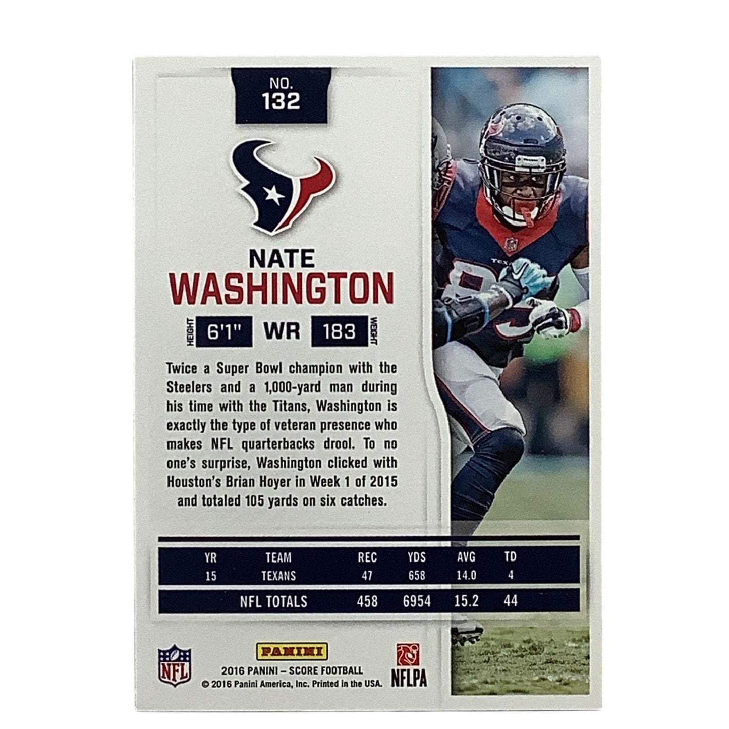 Nate Washington, Houston Texans, NFL, Panini Score 2016, Card 132, EX/NM