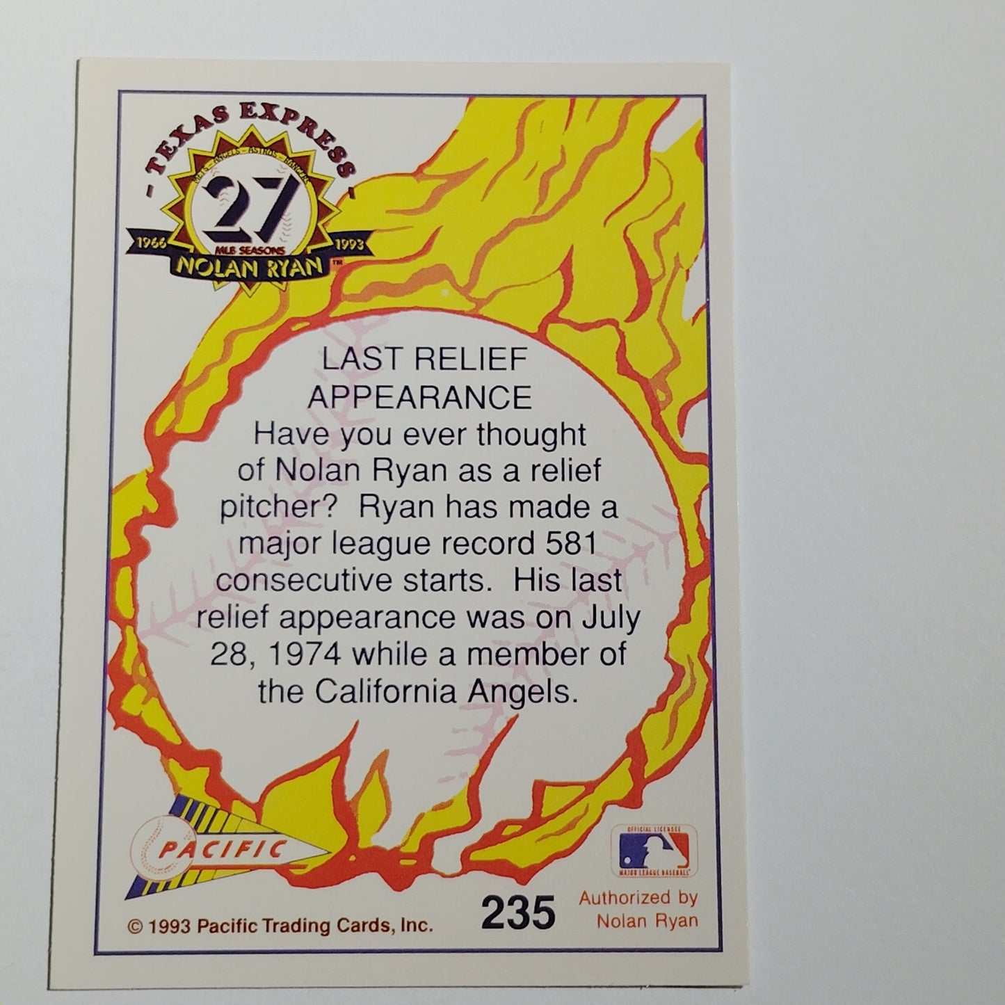 1993 Pacific Texas Express Nolan Ryan 235 Texas Rangers Pitcher Baseball Card NM