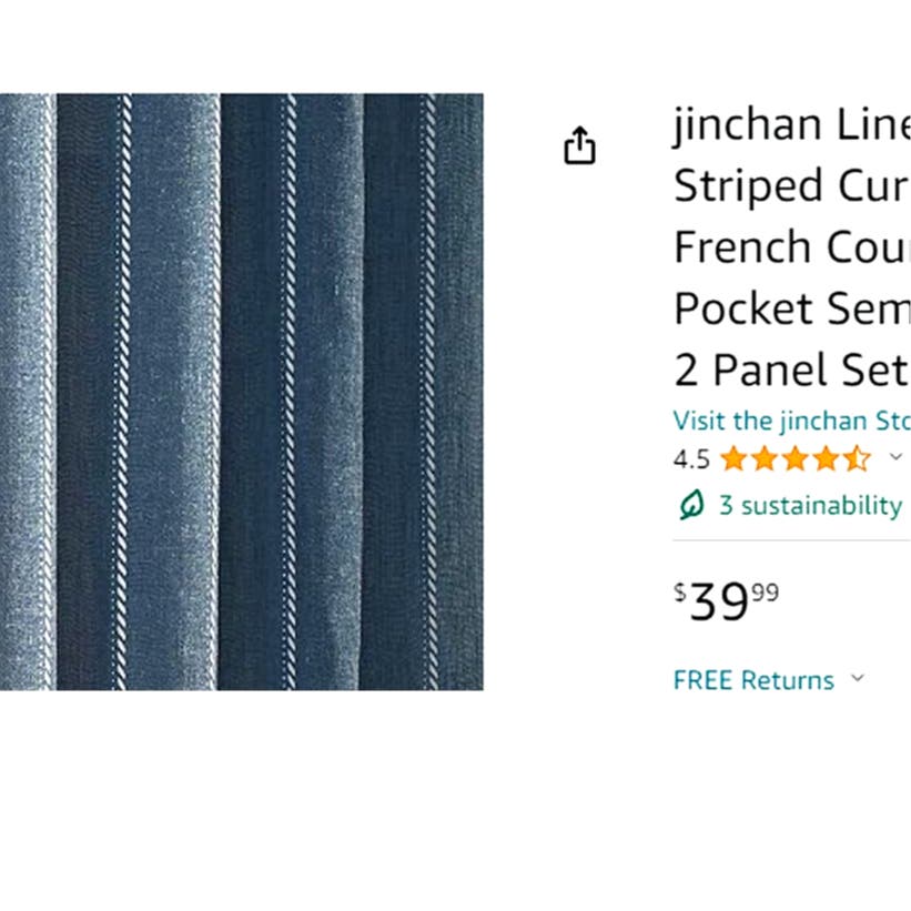 Linen Curtains 50"W x 84"L Blue Sailor Striped Panels (2) Rustic Farmhouse