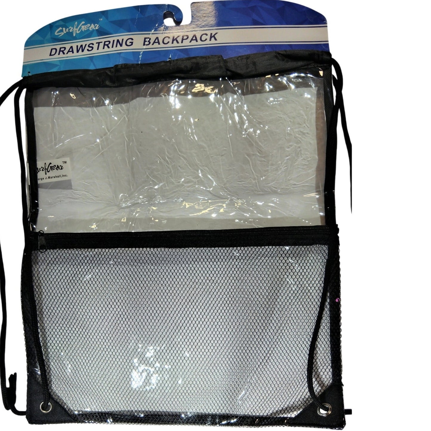 SurfGear Clear Drawstring Backpack Stadium Approved Transparent PVC Bag w/ Mesh Pouch Black