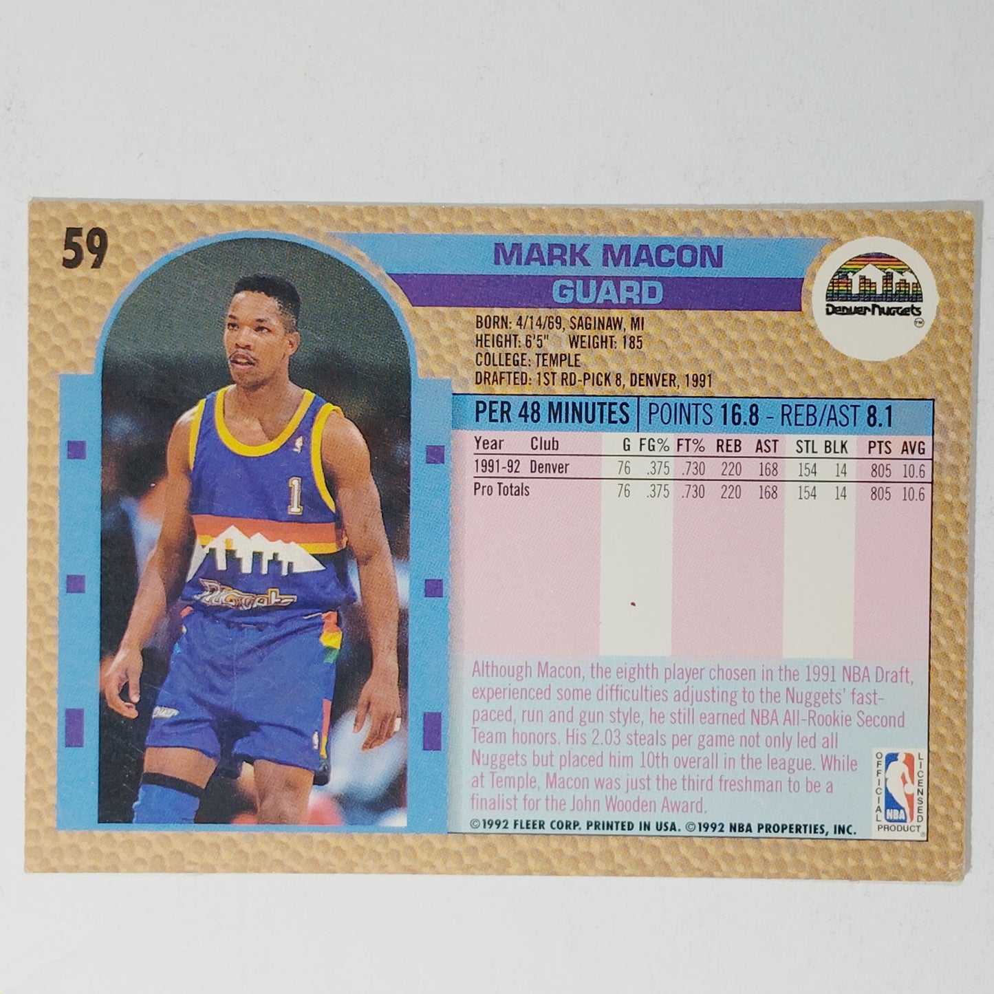 1992–93 Fleer Mark Macon #59 – Denver Nuggets – Guard – VG/EX
