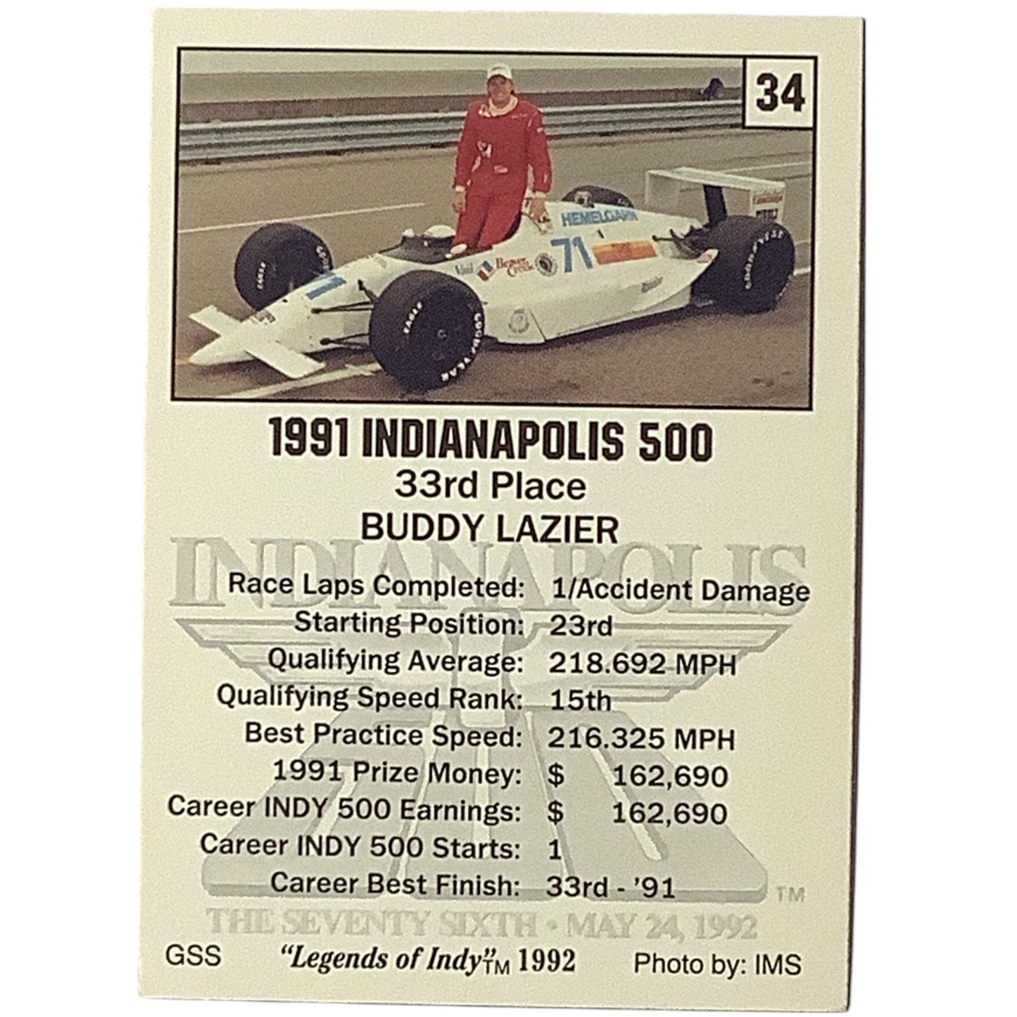 Buddy Lazier 33rd Place at Indy, 1991 Action, 1992 Legends of Indy, Card 34, NM+