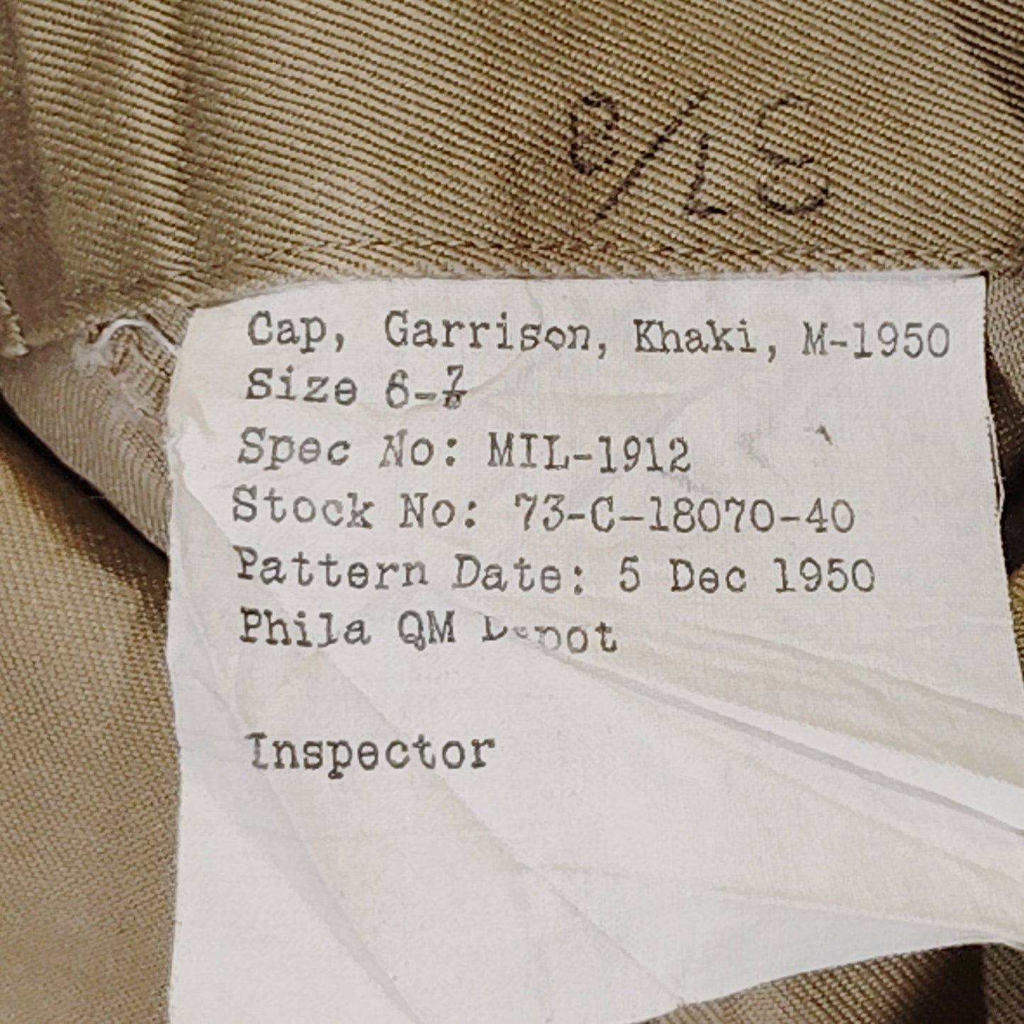 U.S. Army Khaki Garrison Cap – Size 6-7/8, M-1950, Dated Dec 5, 1950