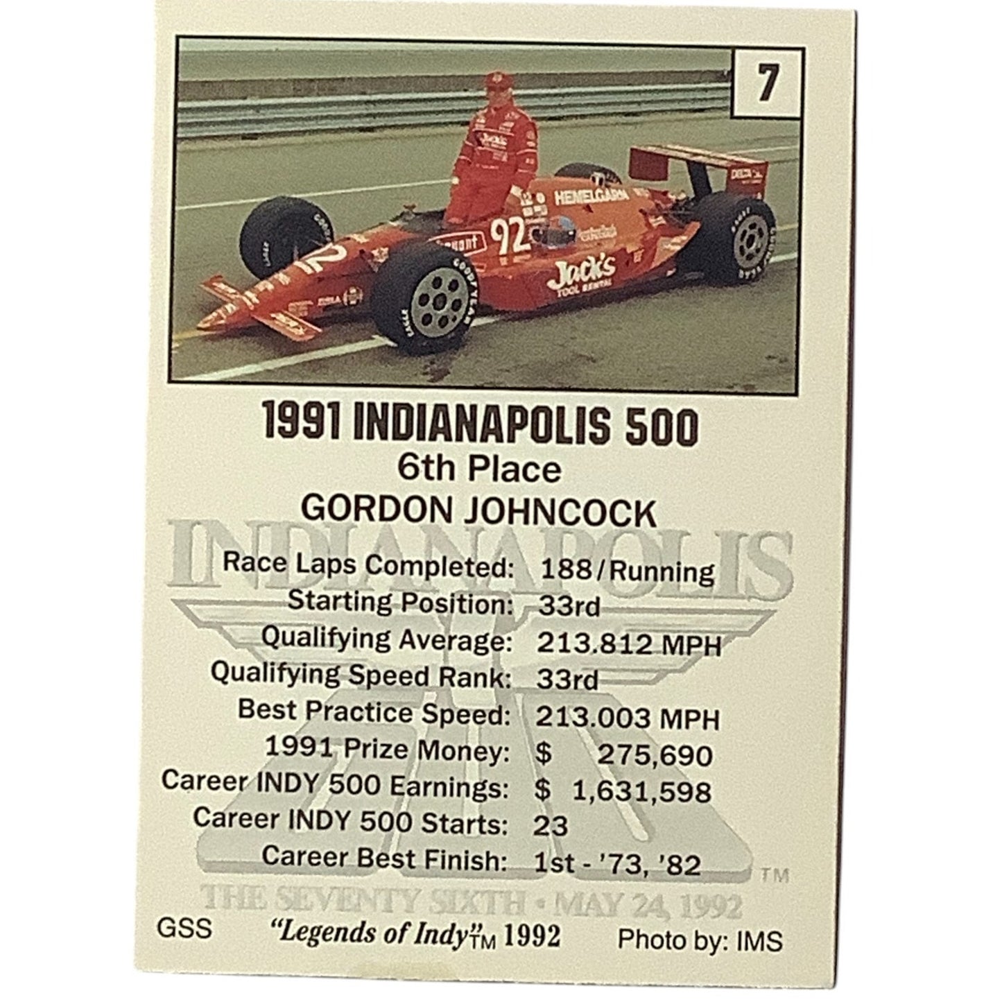 Gordon Johncock 6th Place Finish, 1991 Action, 1992 Legends of Indy, Card 7, NM+