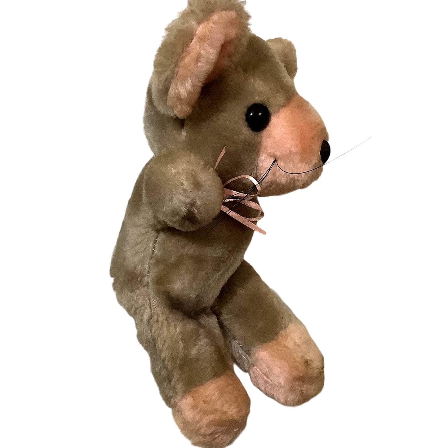 VTG 1968 America Wego 9" Plush Mouse, Gray/Pink in EUC, w/ Whiskers & Ribbon Bow