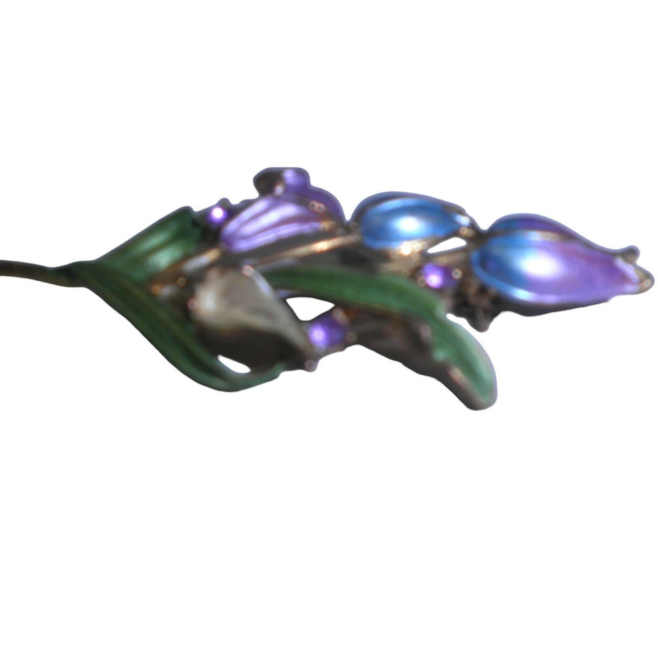 VTG Floral Bulbs Brooch w/ 3 Amethyst Colored Stones, Pastel Blue/Purple Bulbs