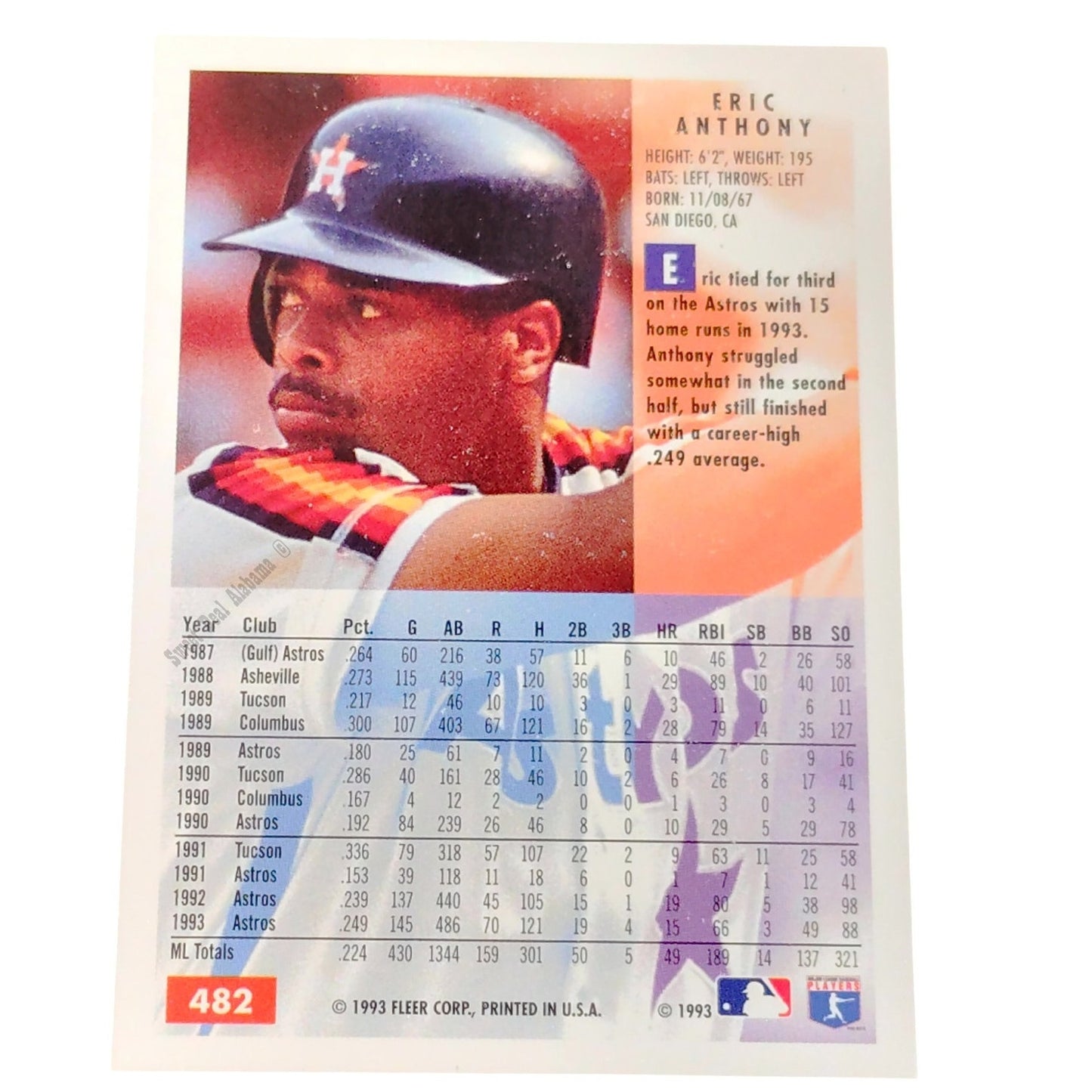 Eric Anthony, Houston Astros, #482, 1994 Fleer Baseball Collector's Card