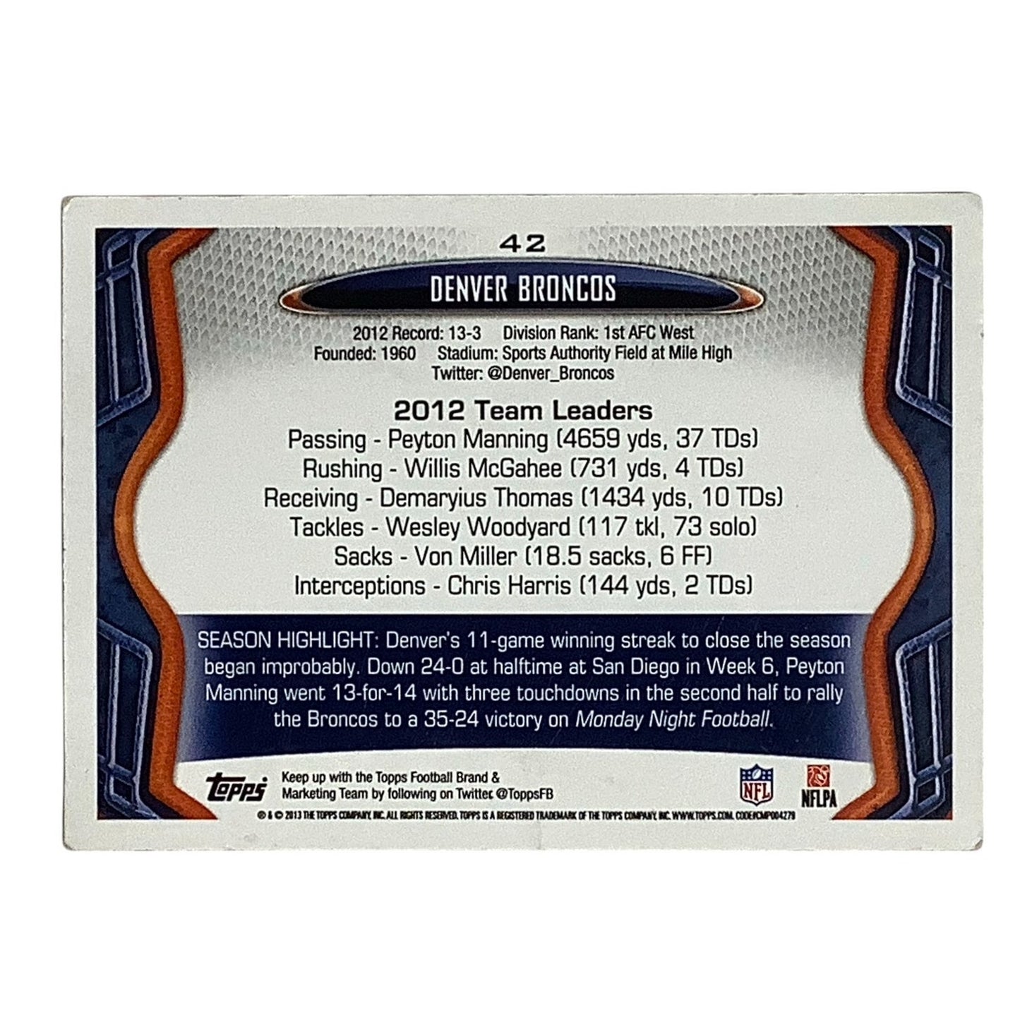AFC West Division Card, NFL Topps 2013 Card 42, EX/NM