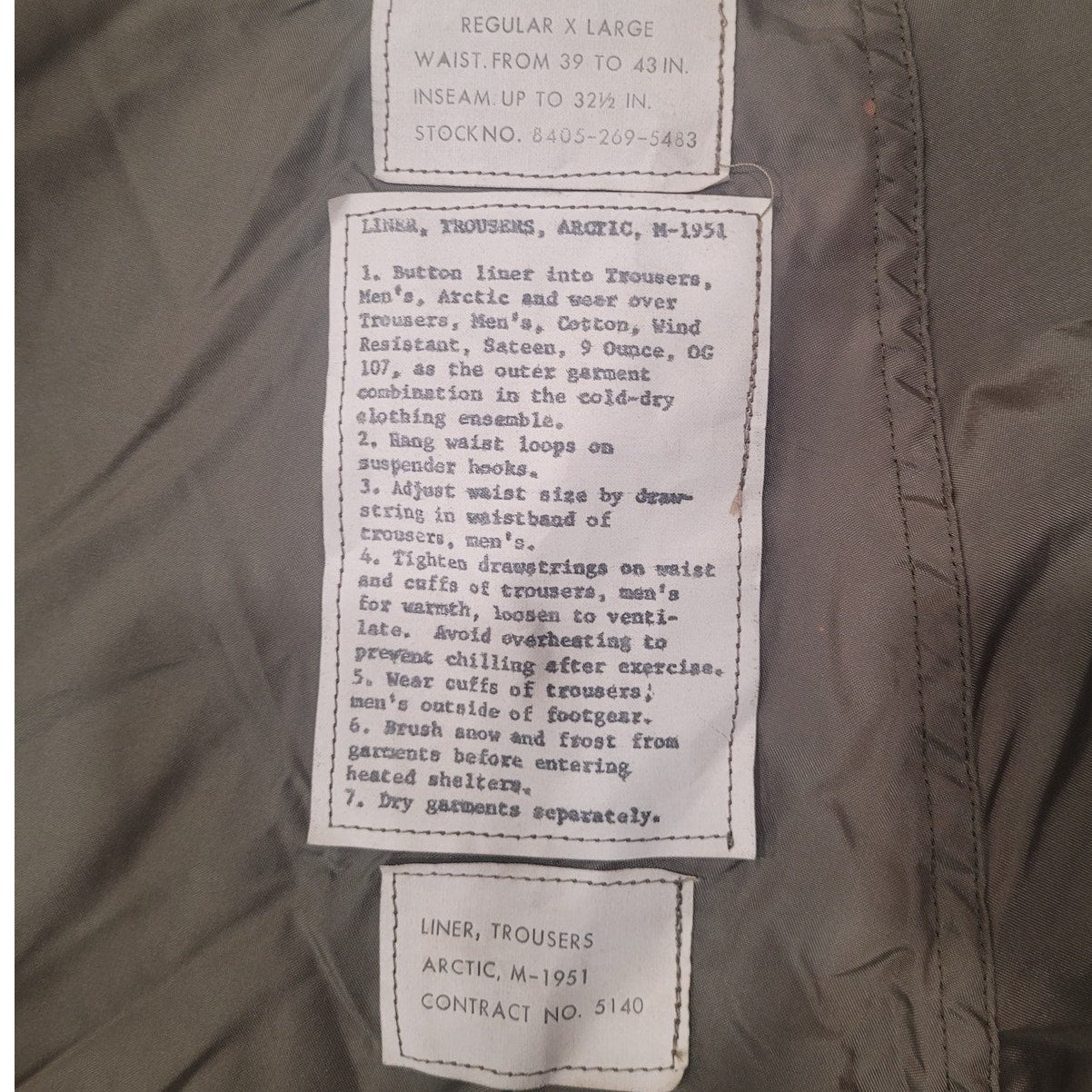 M-1951 Arctic Trousers Liner – 100% Wool – X-Large Regular – Contract No. 5140