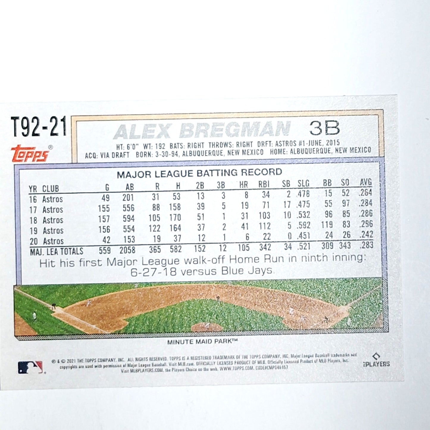 2021 Topps Series 2 #T92-21 Alex Bregman Houston Astros 3rd Base - VG/EX