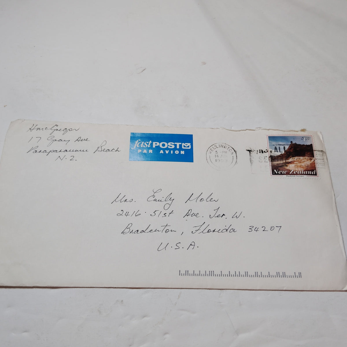 1993 New Zealand $1.50 Warbrick Terrace Cover to USA Fastpost Postmark