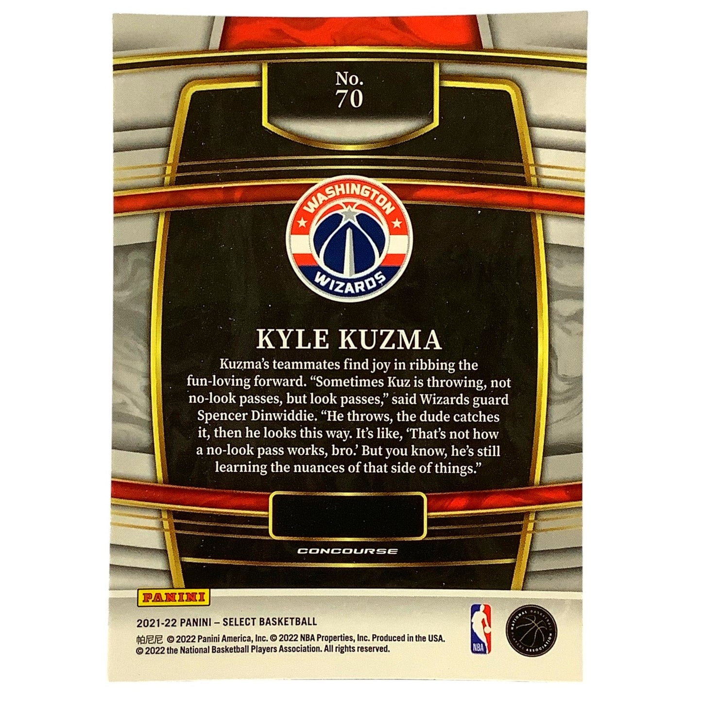 Kyle Kuzma, Washington Wizards, Card #70, 2021-22 NBA Panini Select