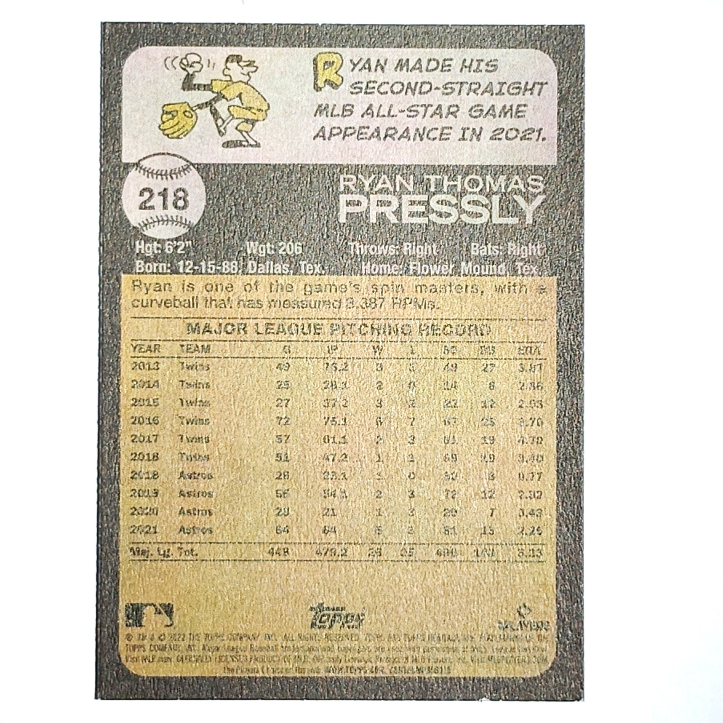 2022 Topps Heritage Ryan Pressly 218 Houston Astros Pitcher Baseball VG/EX