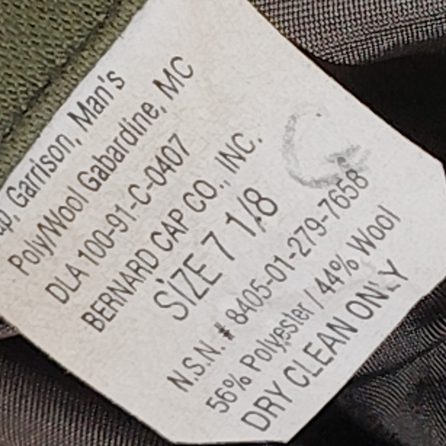 1991 Men’s Garrison Cap – Green, Size 7-1/8, Bernard Cap Co. w/ EGA Device