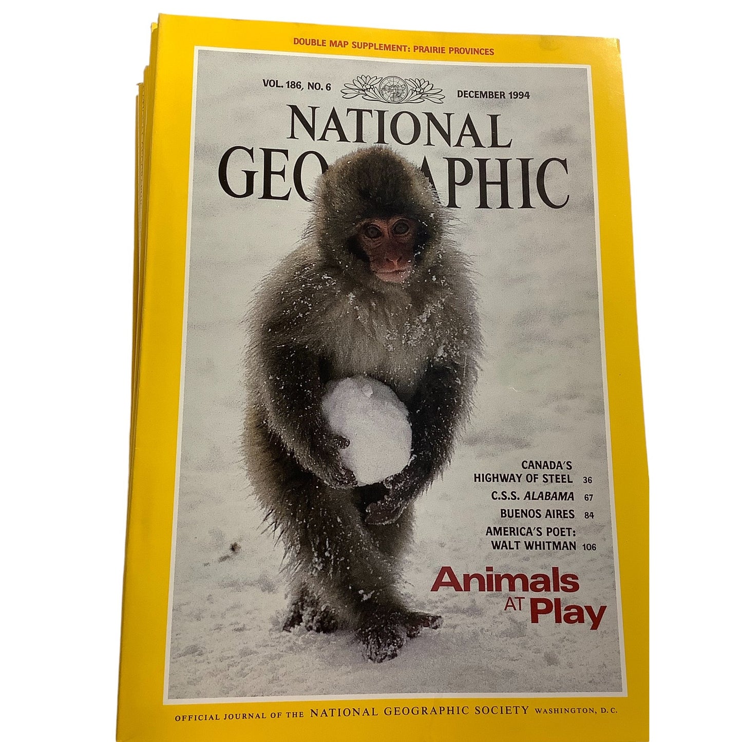 National Geographic December 1994, Animals at Play, Canada's Highway of Steel, C.S.S. Alabama, Buenos Aires, America's Poet: Walt Whitman, EUC