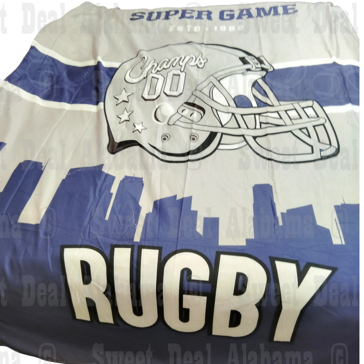 Fitted and Top Sheet, Twin Size - Super Game / Rugby Theme, Blue/Gray