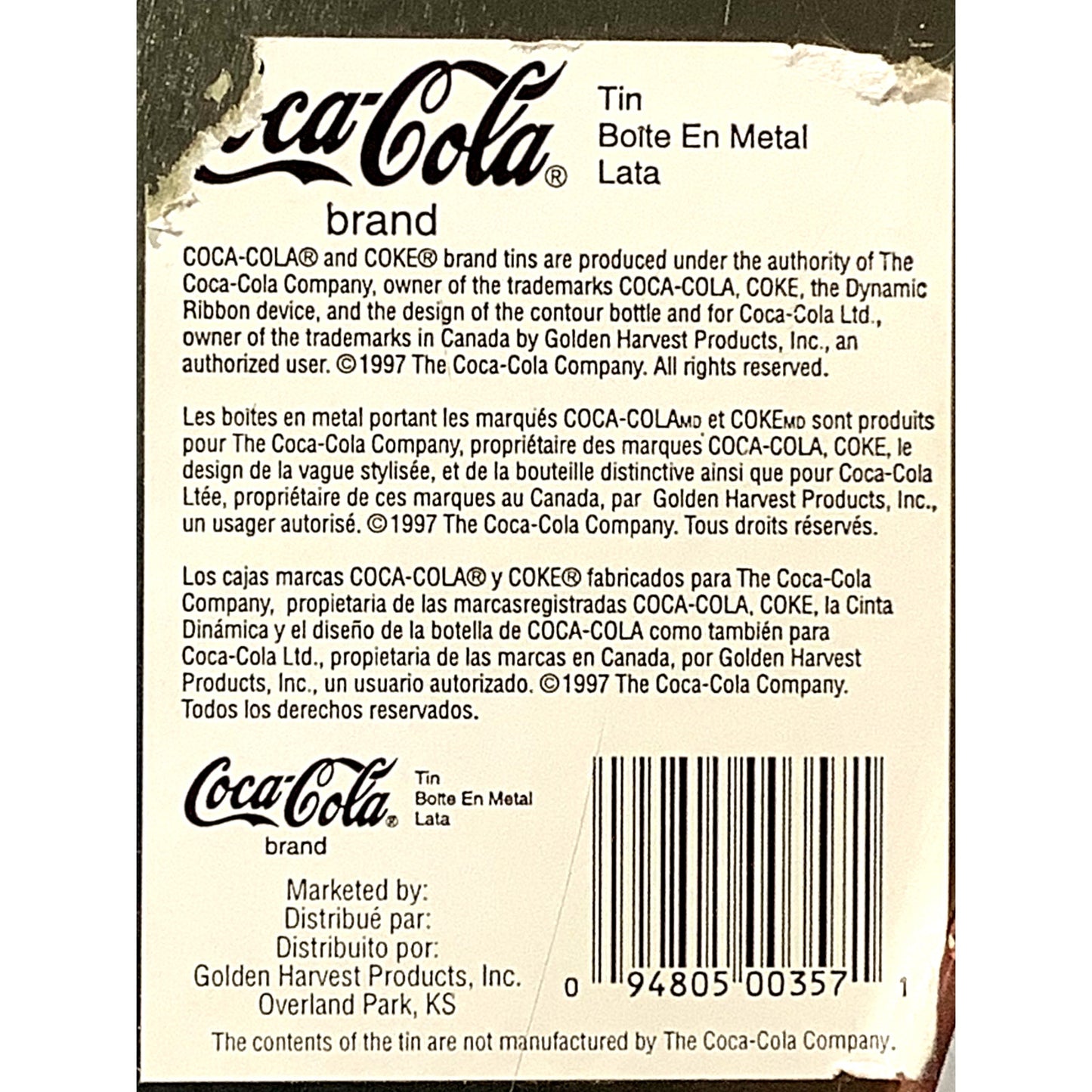 1997 Coca-Cola Bottle Shaped Tin, 13"H x 4"W x 3-1/4"D, No Dents, Few Scratches