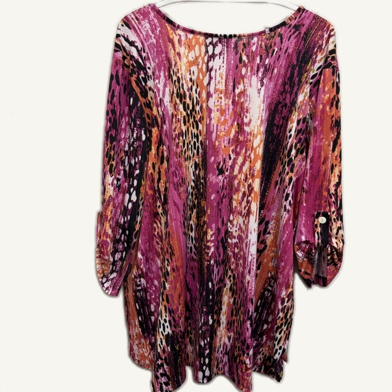 Anthony Richards XL Animal Print Scoop Neck Tunic Top Pink Orange Long Sleeve