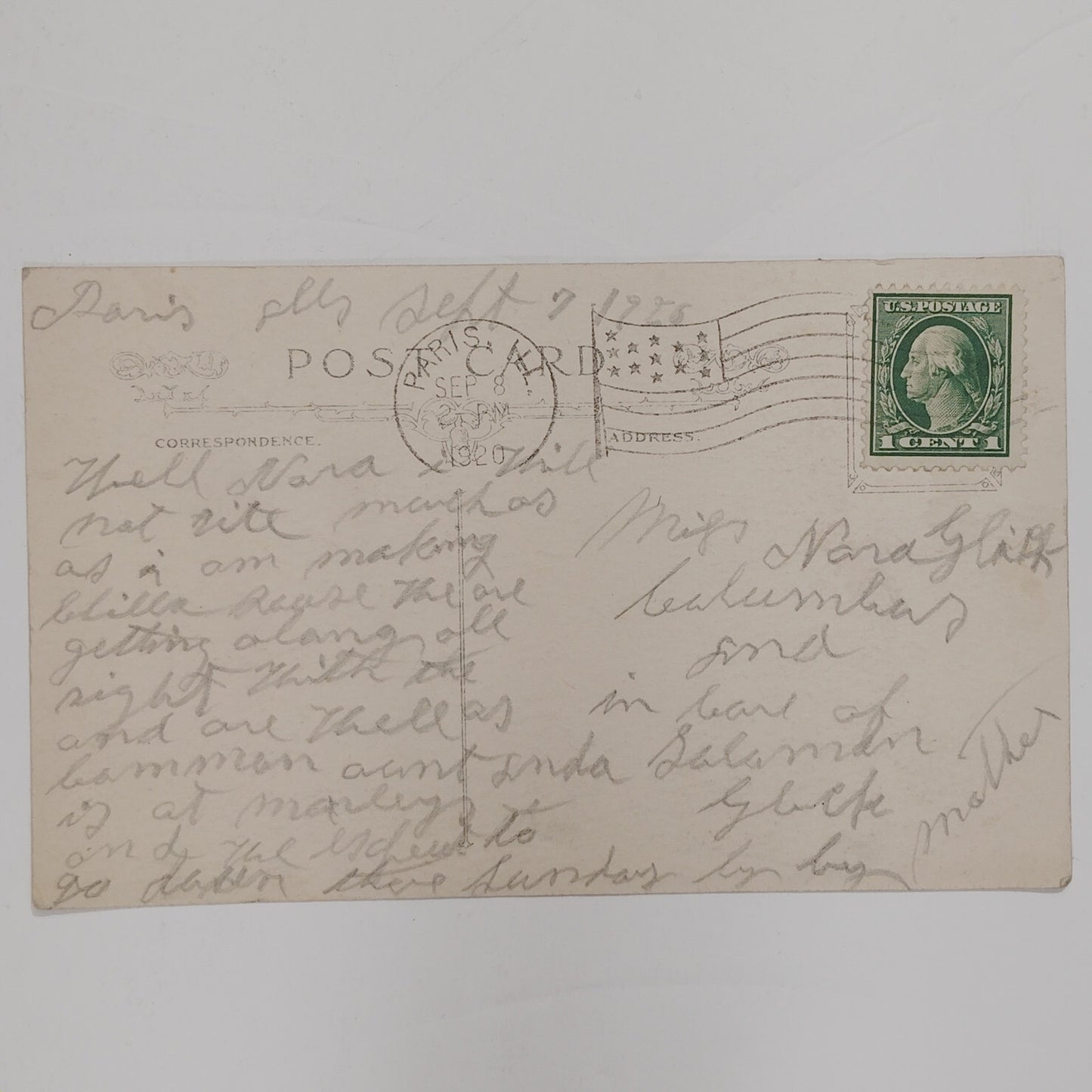 1920 Postcard with 1¢ Franklin Stamp – Washington–Franklin Series – Sept 8, 1920