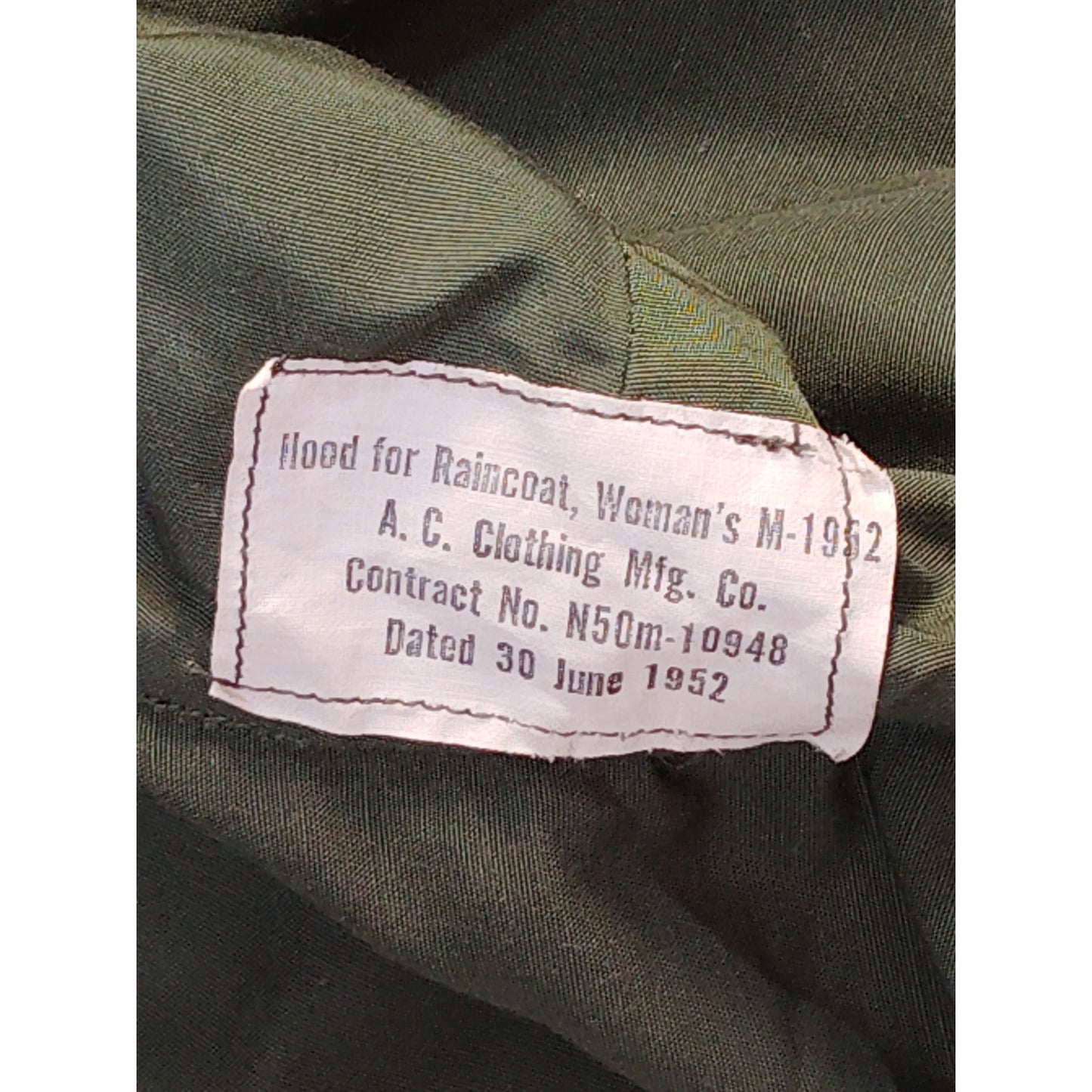 U.S. Army Women’s Raincoat M-1952 Hood, A.C. Clothing Mfg. Co., Contract N50m-10948 – June 30, 1952