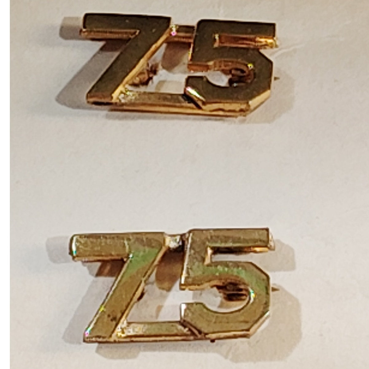 Early/Mid 1900s Brass C-Clasp "75" Collar Devices 3/8"H Hat / Lapel Pins Set