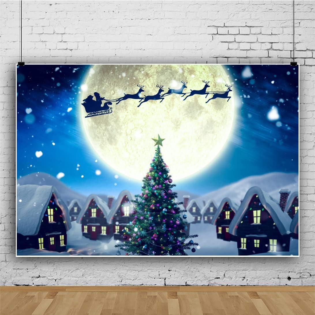 Polyester 7x5ft Christmas Eve Backdrop – Santa Sleigh, Snowy Forest, Moonlit Night